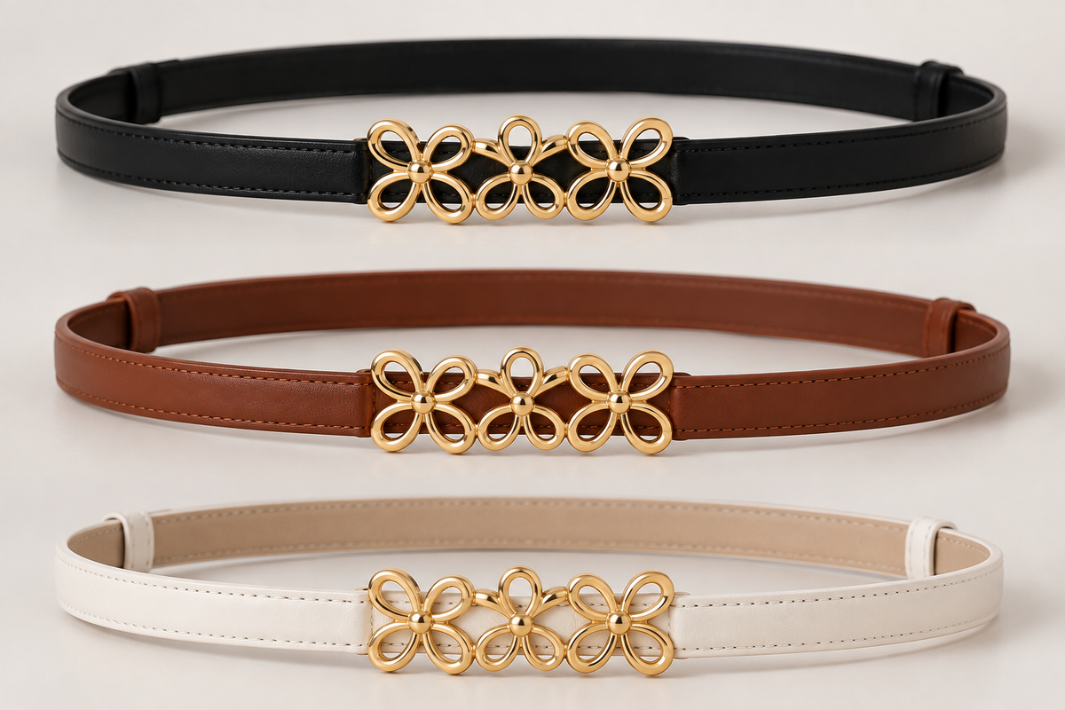 Ceinture Fine Élégante – Boucle Fleurie Dorée